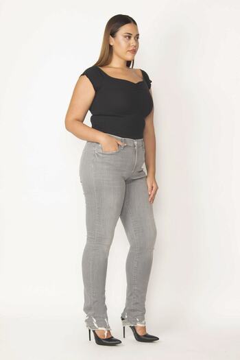 Şans Women's Large Size Gray Ripped Detailed Lycra 5 Pocket Jeans Trousers 65n33171