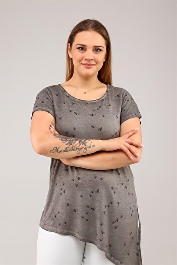 Seamoda Bee Printed Side Tied Oil Washed Tunic-Anthracite