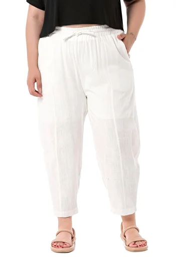 DISENTIS MODEST Large Size Half Baggy Lined Women's White Trousers with Pockets, Elastic Waist and Drawstring