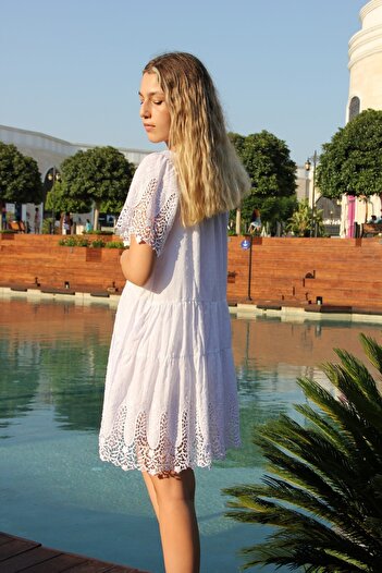 Bohemian Kadın Beyaz Madonna Yaka Brodeli Romantik Naturel Elbise
