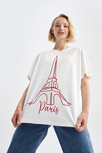 DeFacto Μπλουζάκι Oversize Fit Crew Neck Paris με κοντό μανίκι 100% βαμβάκι