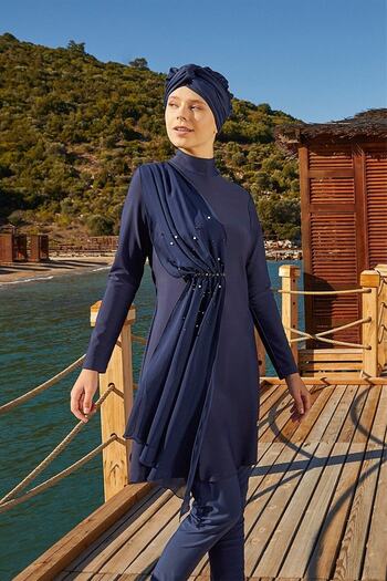 Adasea Γυναικείο μαγιό Lycra Full Closed Hijab Tulle Pearl Detailed 4248