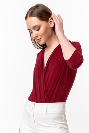 Laranor Claret Red Double Breasted Collar Three-Quarter Sleeve Blouse&body with Snap Fasteners at the Bottom