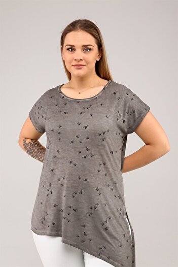 Seamoda Bee Printed Side Tied Oil Washed Tunic-Anthracite