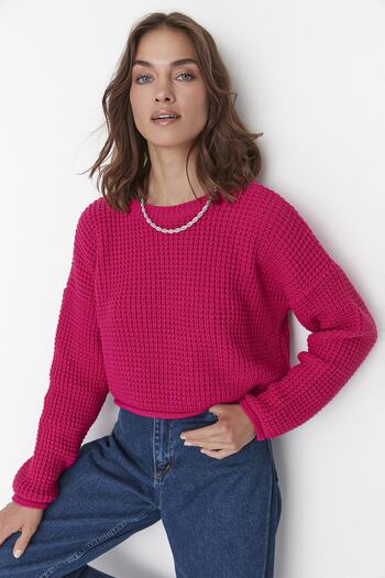 Trendyol Collection Fukszia Crop kötöttáru pulóver - széles szabású, TWOAW23KZ01193