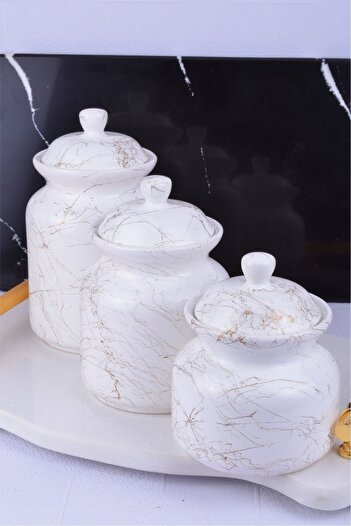 Sezka Life 3 Size Marble Patterned Ceramic Tea Coffee Sugar Jar