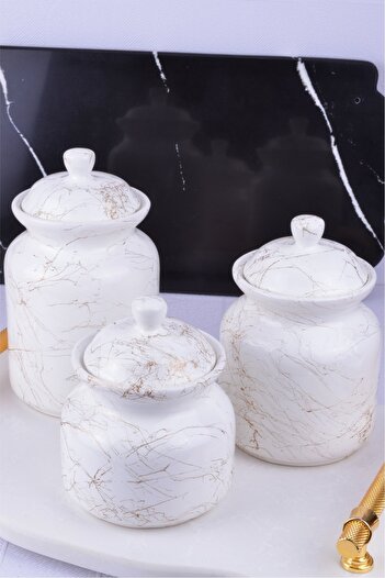 Sezka Life 3 Size Marble Patterned Ceramic Tea Coffee Sugar Jar