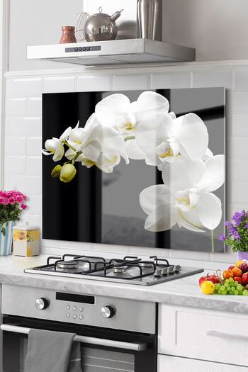Olinpa Premium Kitchen Glass Stove Back Protector Countertop Built-In Back Protector 50X76Cm |   Flower Black