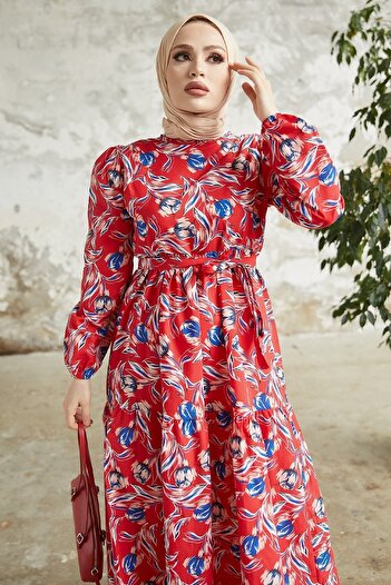 InStyle Felara Floral Pattern Belted Dress - Red