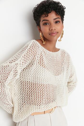 Trendyol Collection Ecru Extra Wide Fit Cotton Openwork/Hole Knitwear Sweater TWOAW20FV0184