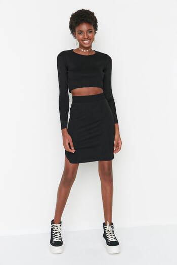 Trendyol Collection Black Slit Detailed Super Crop Knitwear Bottom-Top Set