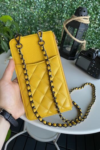 Modica Kratya - Genuine Leather Zippered Women's Yellow Shoulder Bag with Phone and Passport Compartment