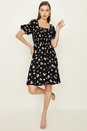 Select Moda Women's Black Floral Elastic Balloon Sleeve Dress