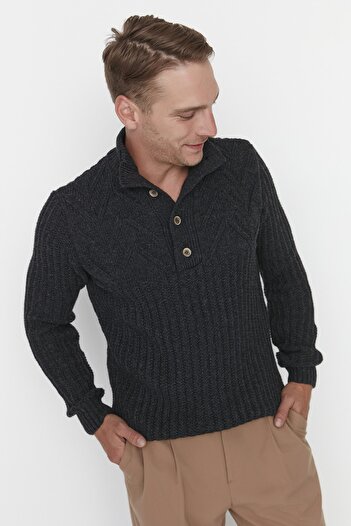 Trendyol Collection Unisex Anthracite Knitwear Sweater - Half Turtleneck, Button, Wool, Regular Fit Tmnaw22Kz0327