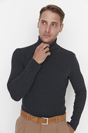 Trendyol Collection Πουλόβερ με ζιβάγκο - Ανθρακί, βαμβακερό, στενό TMNAW20MG0031