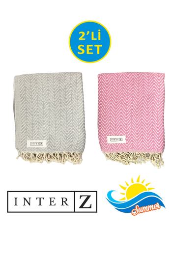 INTER Z Σετ 2 πετσέτες θαλάσσης Marmaris Grey Pink Peshtemal - 100% βαμβάκι, XXL 100x180cm