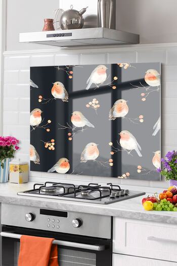 Olinpa Premium Kitchen Glass Stove Back Protector Countertop Built-In Back Protector |   Birds Black Orange