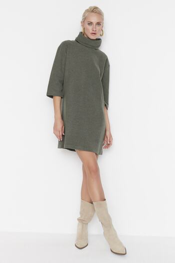 Trendyol Collection Khaki Turtleneck Shift/Straight Mini Thessaloniki Long Sleeve Knitted Dress TWOAW20EL1110