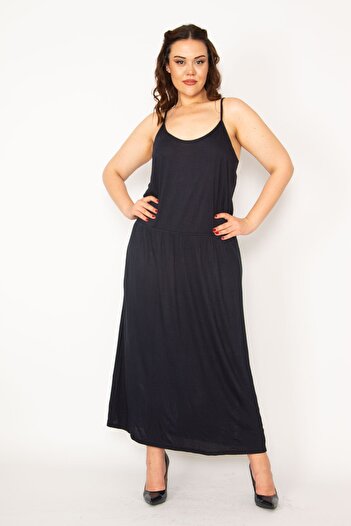 Şans Women's Large Size Navy Blue Elastic Waist Strap Viscose Dress 65n33359