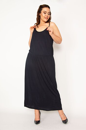 Şans Women's Large Size Navy Blue Elastic Waist Strap Viscose Dress 65n33359