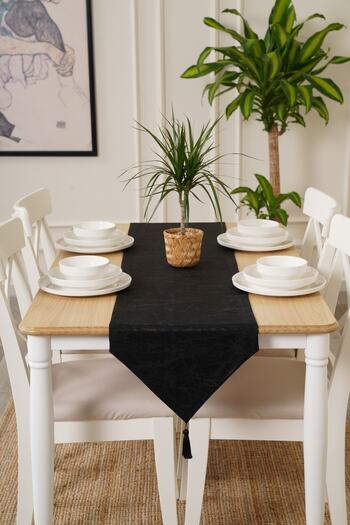 TOSHE 35cm X 270cm Black Runner, Decorative Runner, Patterned Runner