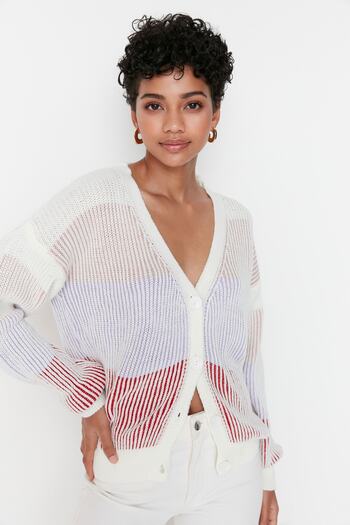 Trendyol Collection Ecru Striped Knitwear Cardigan TWOAW23HI00179