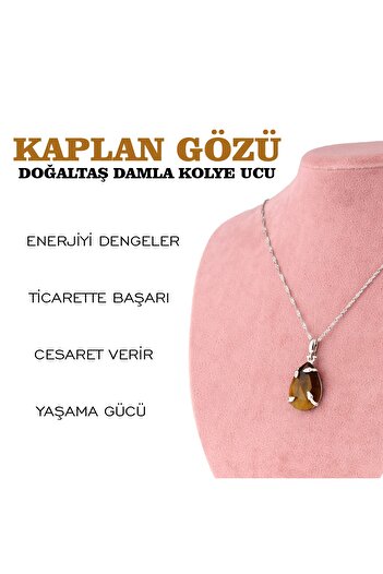 OSMANLI DEĞERLİ TAŞ Sertifikalı Kaplan Gözü Doğaltaş Damla Kolye Ucu, Gümüş Zincirle Beraber M434