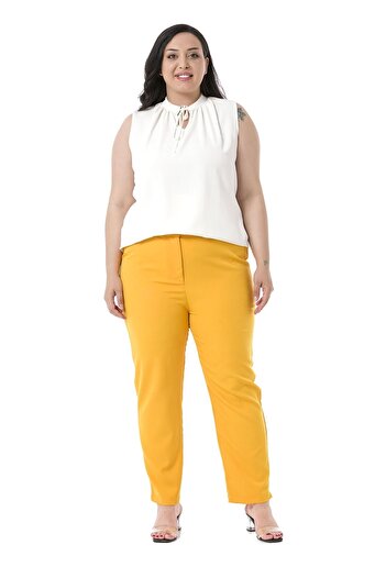 DISENTIS MODEST Plus Size Mustard Trousers with Elastic Waist and Side Zipper and Slits on the Leg
