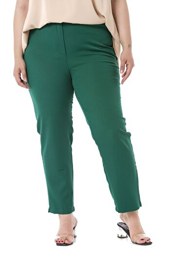 DISENTIS MODEST Plus Size Emerald Green Trousers with Elastic Waist and Side Zipper and Slits on the Leg