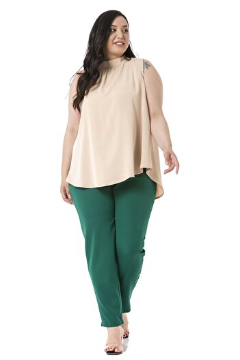 DISENTIS MODEST Plus Size Emerald Green Trousers with Elastic Waist and Side Zipper and Slits on the Leg