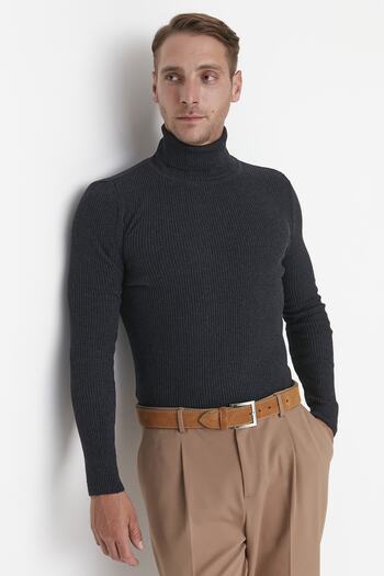 Trendyol Collection Rollkragen-Cordpullover – Anthrazit, Baumwolle, schmale Passform TMNAW20MG0031