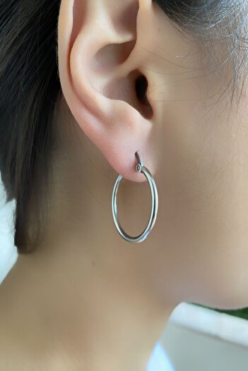 axexuar Medium Size Hoop Earrings 316l Stainless Tarnish Stainless Steel Earrings Silver Gray Color Diameter 25 Mm Double Sold