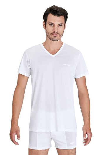 Kom Men's White V-neck T-shirt 44ts80021beya