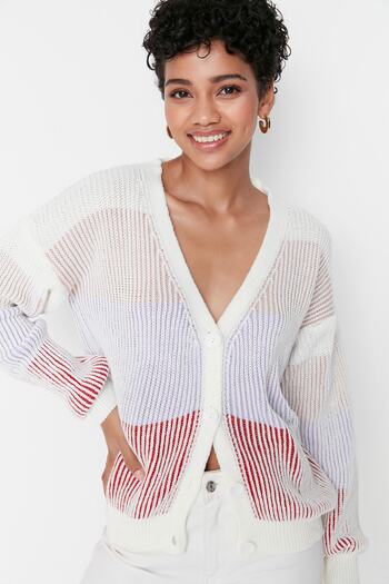 Trendyol Collection Ecru Striped Knitwear Cardigan TWOAW23HI00179