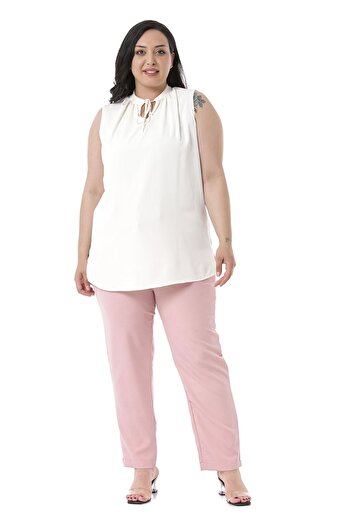 DISENTIS MODEST Plus Size Elastic Waist Side Zippered Leg Slit Powder Trousers