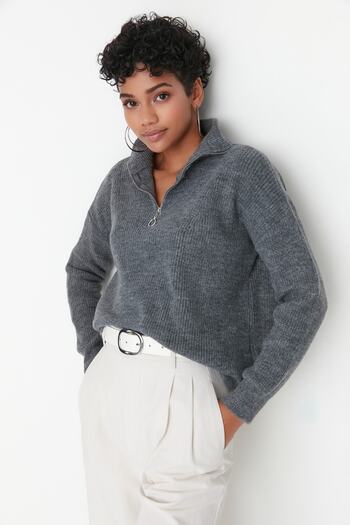Trendyol Collection Pulover din tricotaje moale cu fermoar dublu antracit - TWOAW20XS0009