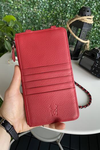 Modica Kratya - Genuine Leather Zippered Women's Red Shoulder Bag with Phone and Passport Compartment