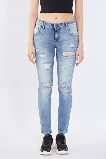 Bluewhite Pantaloni de damă rupti cu detalii albastru