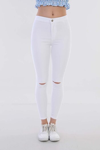 BİKELİFE Női fehér, magas derekú Lycra szakadt, részletes leggings nadrág