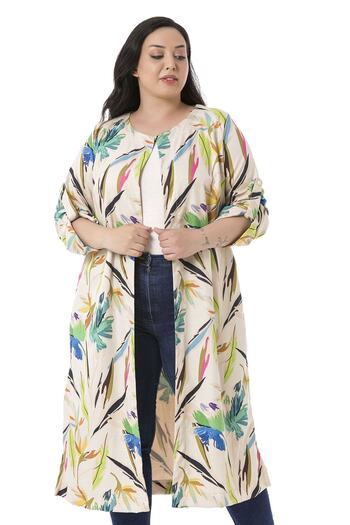 DISENTIS MODEST Beige Large Size Women's Jacket with Round Collar and Slit Pockets