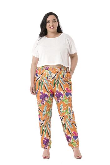 DISENTIS MODEST Plus Size Leaf Printed Orange Trousers with Elastic Waist, Side and Back Pockets
