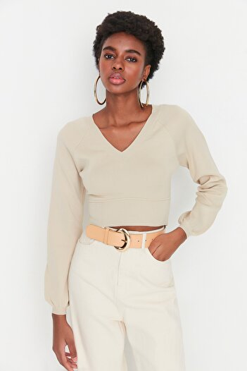 Trendyol Collection Pulover din tricot cu decolteu în V Stone Crop