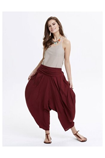 Bohemian Drape Waist Detailed Flowing Burgundy Shalwar Trousers