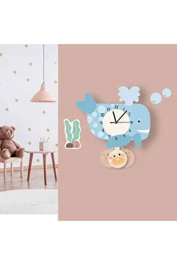 CajuArt Swinging Pendulum Whale Patterned Children's Room Wall Clock
