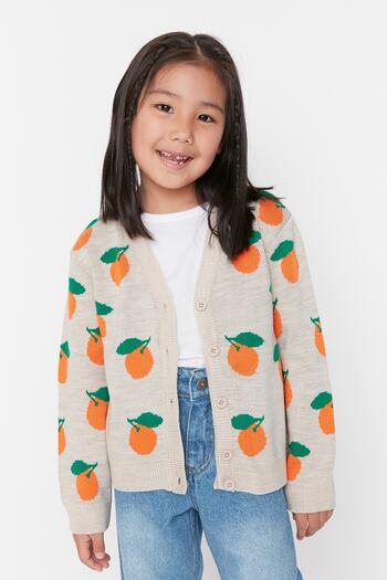 TRENDYOLKIDS Multicolored Jacquard Fruit Patterned Girl's Knitwear Cardigan TKDAW23HI00009
