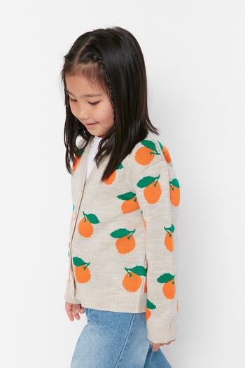 TRENDYOLKIDS Multicolored Jacquard Fruit Patterned Girl's Knitwear Cardigan TKDAW23HI00009