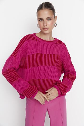 Trendyol Collection Pulover de tricotaj cu dungi late fucsia - TWOAW23KZ00012