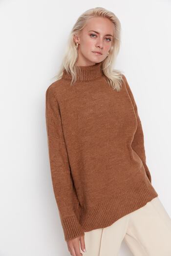 Trendyol Collection Ανοιχτό καφέ φαρδύ πλεκτό πουλόβερ με μαλακή υφή TWOAW23KZ00469