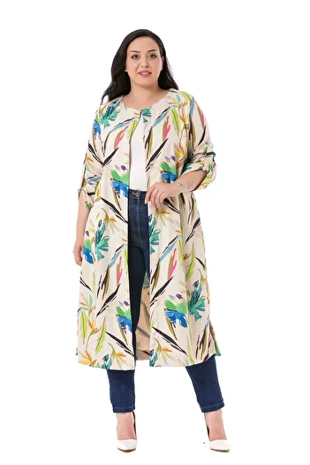 DISENTIS MODEST Beige Large Size Women's Jacket with Round Collar and Slit Pockets