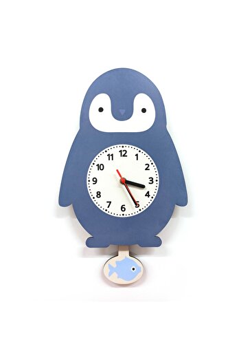 CajuArt Penguin Patterned Children's Room Wall Clock with Swinging Pendulum